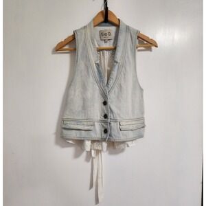 Sea New York Chic Denim And Eyelet Biker Vest Adjustable Tie Light Blue